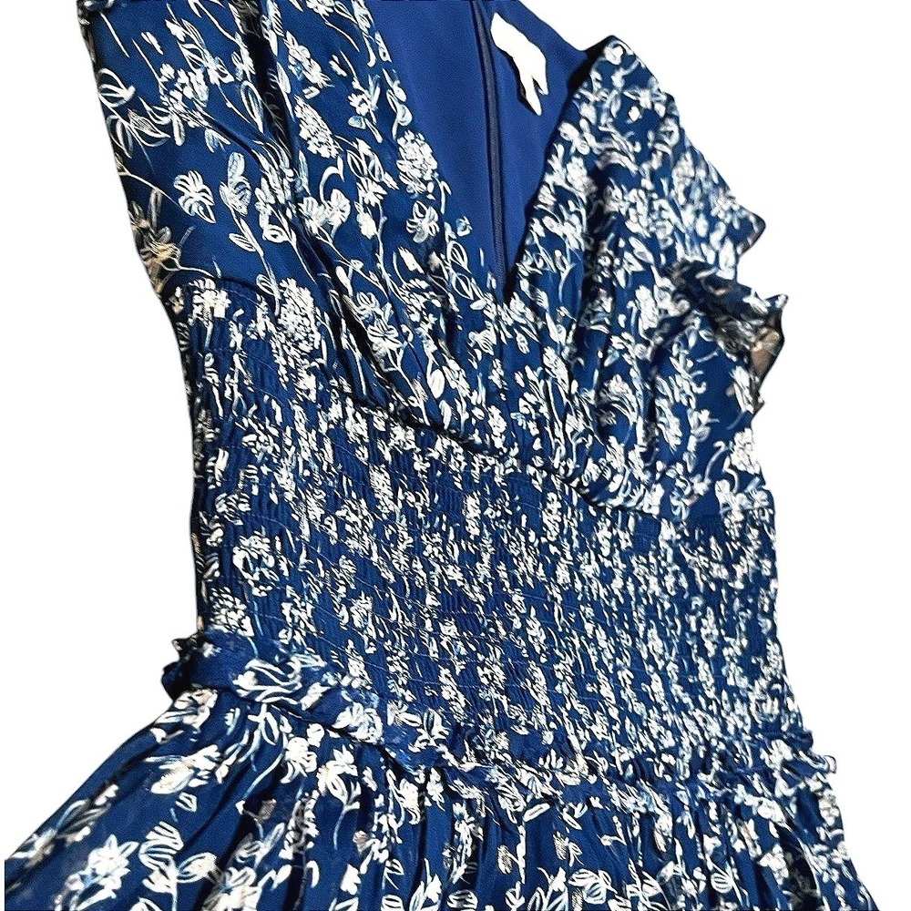 ML Monique Lhuillier Blue Floral Smocked Waist Flutter Sleeve Mini Dress 4 - Picture 3 of 7